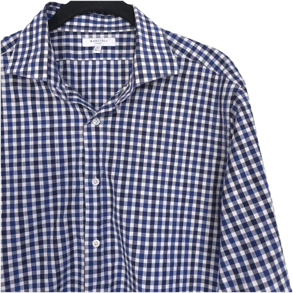 BOGLIOLI MILANO Men’s Shirt Size 42 - 16.5 Check Navy White Black Plaid